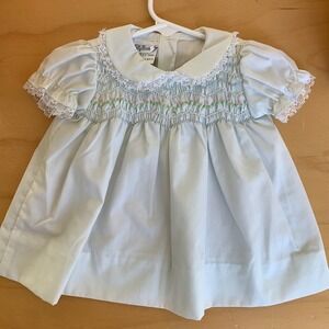 VTG 80s 90s Polly Flinders Smocked Dress Baby Blue Pink Flowers Lace 6-12 Months